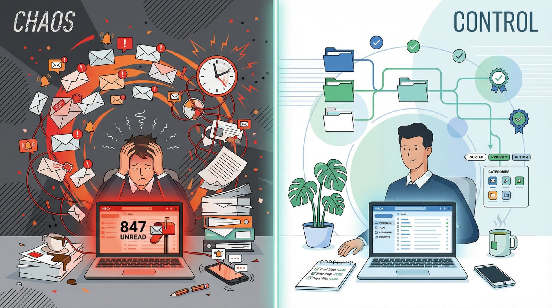 Split-screen illustration comparing email chaos versus organized inbox control and peace of mind